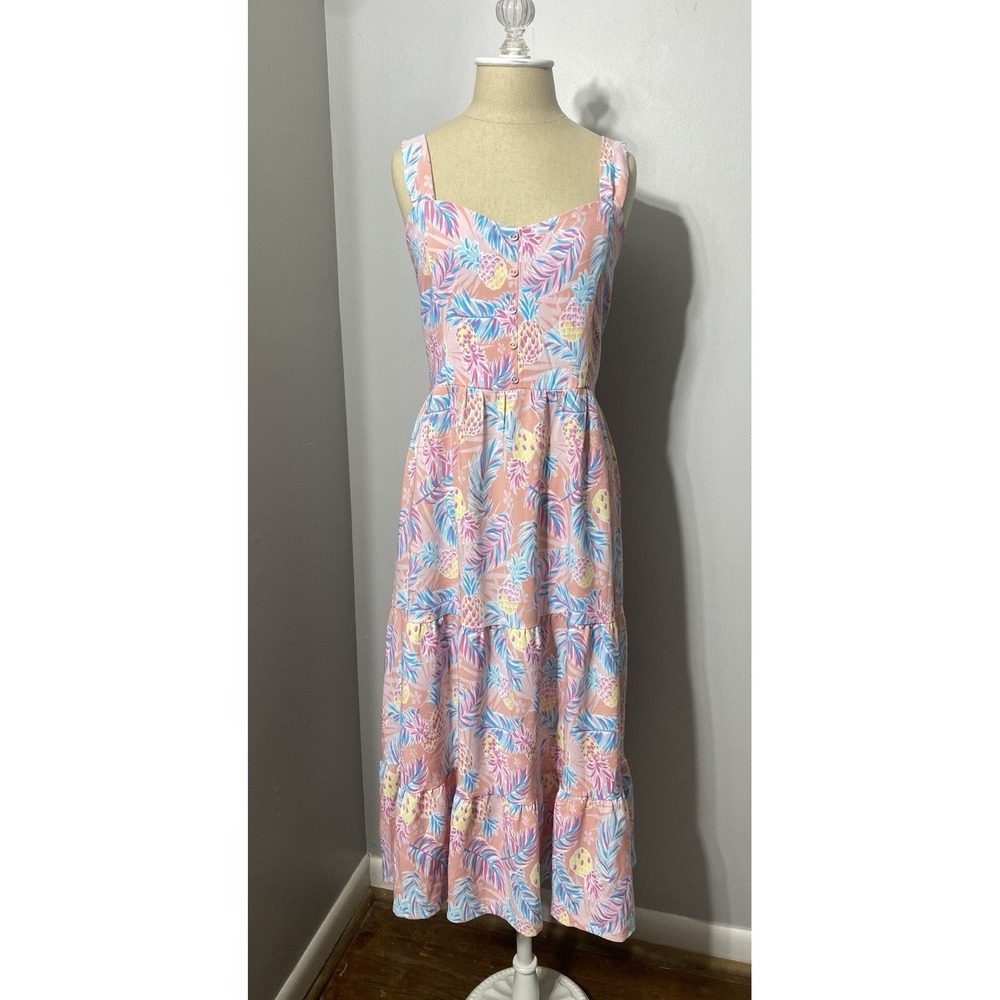 Simply Southern Tank Dress Maxi Soft Floral Pineapple Beachy Resort Wear Size L - Picture 1 of 10